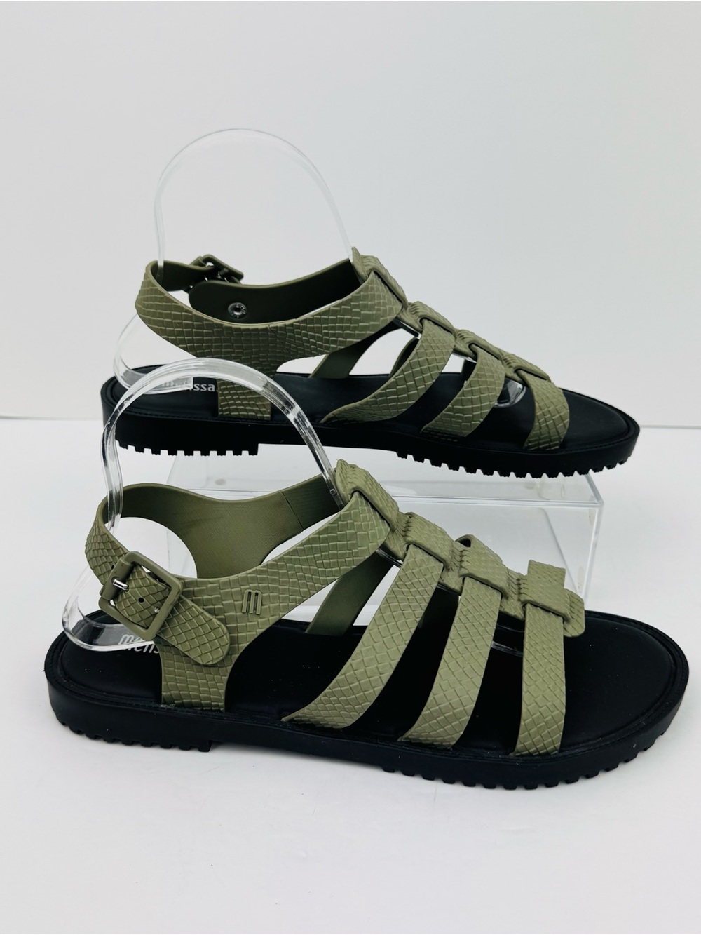 Melissa Women's Flox Gladiator Sandals in olive green finish. Women’s size 10.